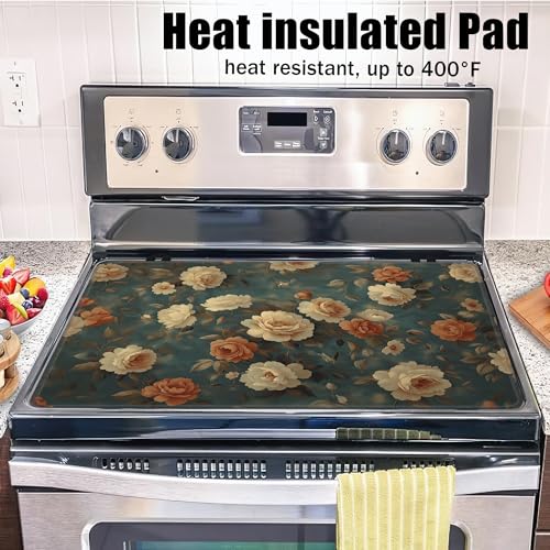 Image of Vintage Rose Flower Glass Top Stove Cover Protector,Retro Floral Heat Resistant Stove Top Cover, Large Size Range Covers for Electric Stove Countertop Mat, 28 x 20 Inch