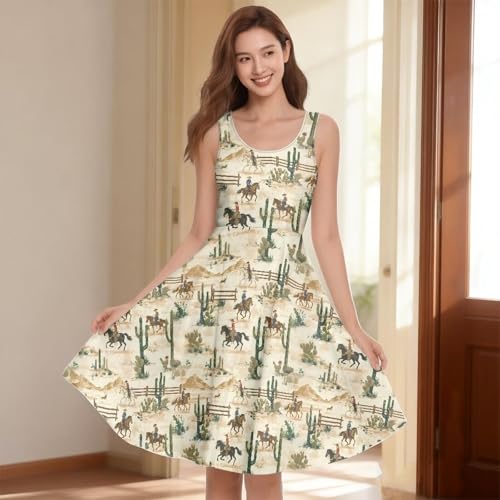 Image of Women Stylish Tank Dresses Sleeveless Round Neck Midi Casual Dress with Pocket for Summer