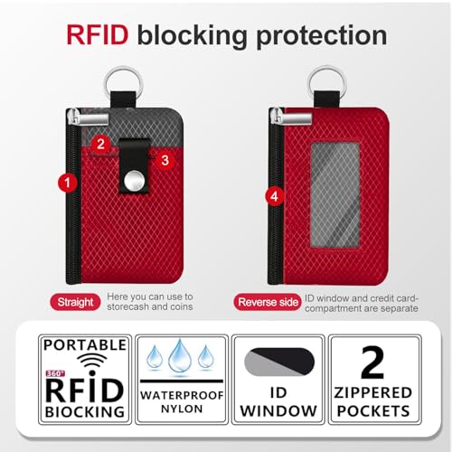 Image of Minimalist RFID Blocking Small Wallet with ID Window,WaterResistant Zip Id Case Wallet with Lanyard Keychain for Cards,Cash,Travel,Women,Men (Red /Dark Grey)
