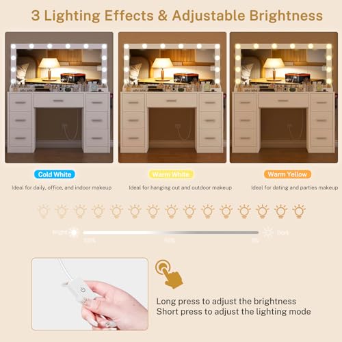 Image of FIONESO Vanity with Large Mirror and 12 LED Lights, Vanity Desk with 7 Drawers & Hairdryer Holder, Makeup Vanity Desk with Charging Station for Women, Girls, 3 Lighting Color Adjustable, White