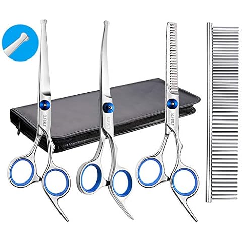 Elfirly Dog Grooming Scissors with Safety Round Tip (Straight Curved Scissors Thinning Shears and Comb for Dogs Grooming) Stainless Steel Pet Hair Trimming Scissors Kit for Dogs and Cats Cover
