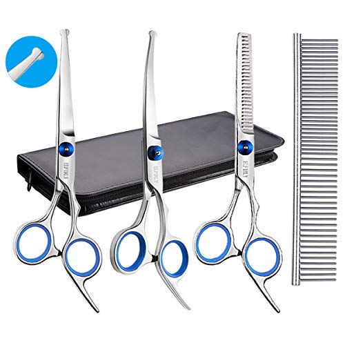 Elfirly Dog Grooming Scissors with Safety Round Tip (Straight Curved Scissors Thinning Shears and Comb for Dogs Grooming) Stainless Steel Pet Hair Trimming Scissors Kit for Dogs and Cats
