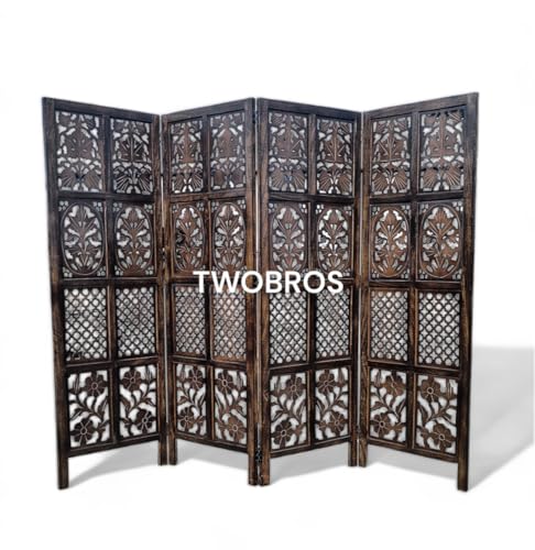 Image of Wooden Room Partition /Screen /Room Divider /Room Separator Burnt Wood Finish (Hand Buffing) Frame Traditional Handicrafts 6Ft Height (4 Panel 5 Feet)