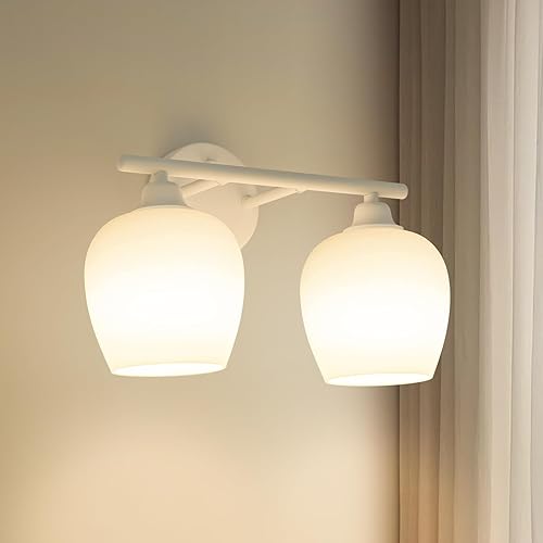 ONEWISH Lámparas de baño  Modernos apliques de pared de 2 luces blancas, lámpara de pared para luz de tocador sobre espejo, lámpara de globo de