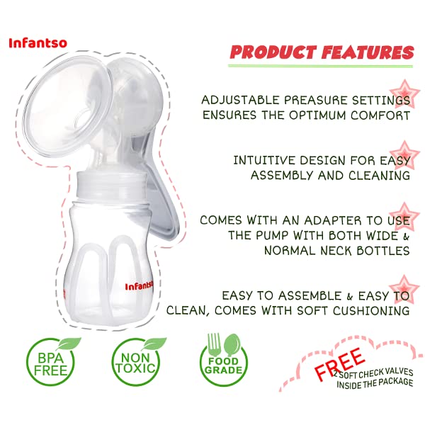 Image of Infantso Manual Breast Pump, 3 Level Suction Adjustment, easy massage cushion & ergonomic handle for easy & painless breast milk expression, 2 Soft Check Valves free, Soft & Gentle, BPA Free