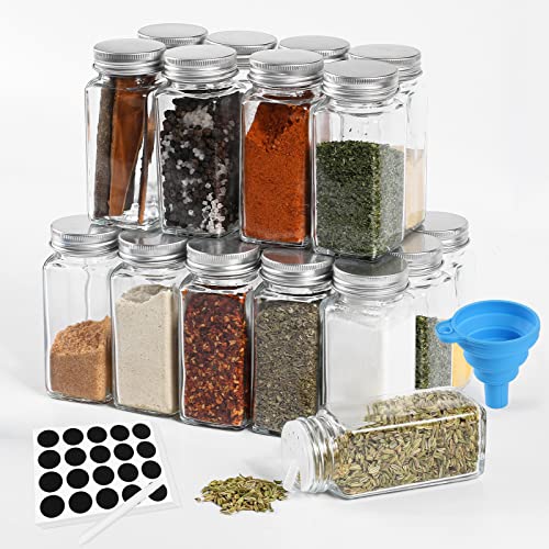 SOMLAW Gewürzgläser Eckig 24er Set mit Streueinsatz, Gewürzdosen Set Glas mit Etiketten und Silikon Trichter Cover