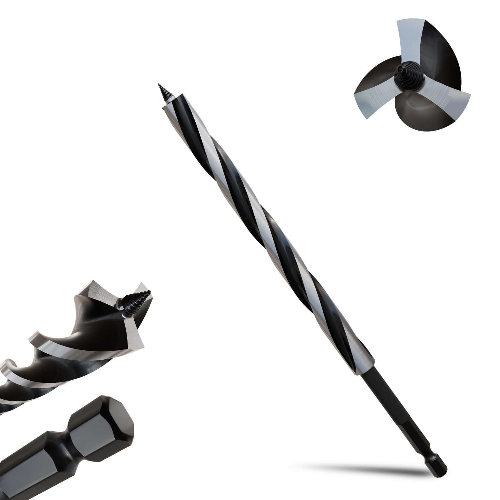 METOTY 12mmx230mm Auger Drill Bit Extra Long Drill Bits，6.35mm Hex Shank for Wood with Quick Change - 3-Cutter Design with Dual-Flute for Fast Chip Removal, Fits Hardwood, Softwood, PVC, Drywall