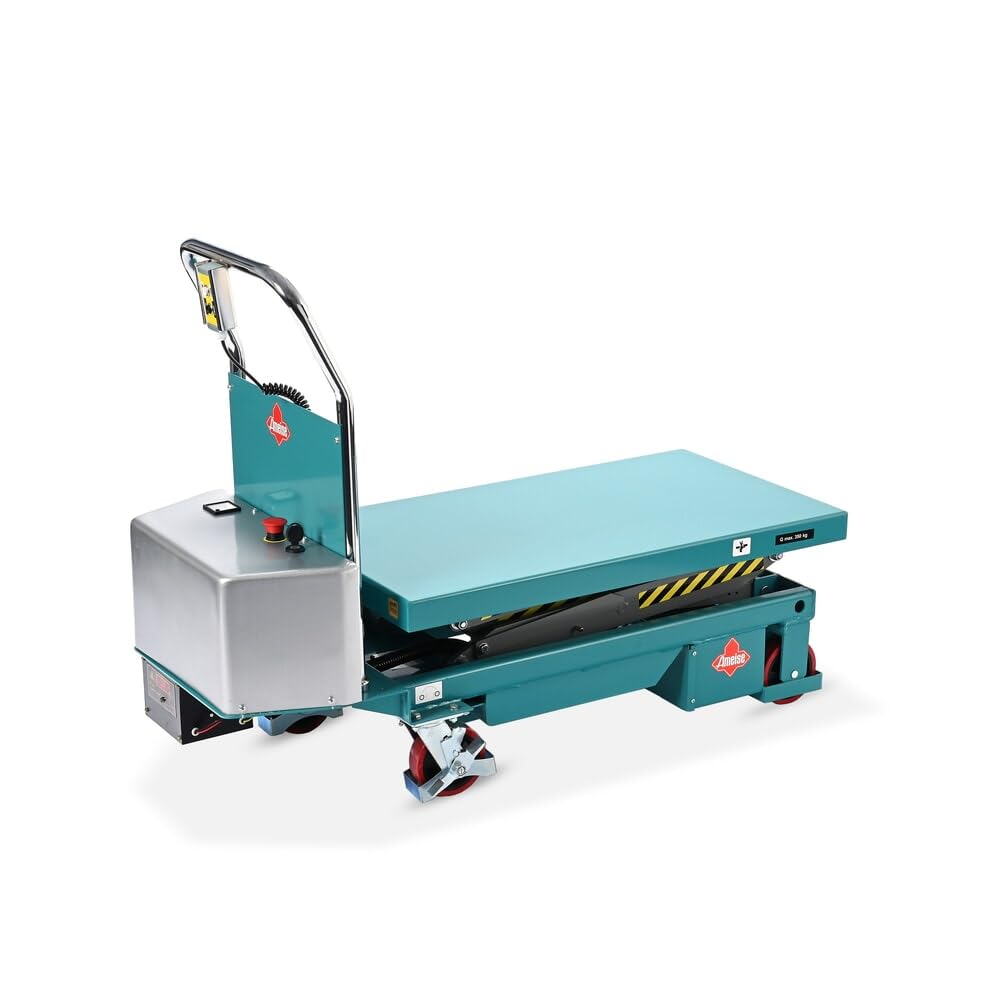 Ameise Scheren-Hubtischwagen LTT | 370-1.300 mm Hubbereich | 350 kg Tragkraft | 910x500 mm Plattform | Fahrbarer Hubtisch mit festem Bügel | Elektrischer Antrieb mit Batterie | Stahl | Türkisblau