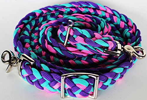 PRORIDER Roping Knotted Western Barrel Reins Nylon Braided Pink Turquoise 60770 - Thumbnail 2
