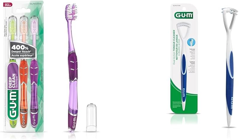 Bundle of GUM Technique Deep Clean Toothbrush - Compact Soft - Extra Fine Bristles, 3ct + GUM Tongue Cleaner - Dual Action Soft Bristled Tongue Brush with Tongue Scraper (Pack of 1)