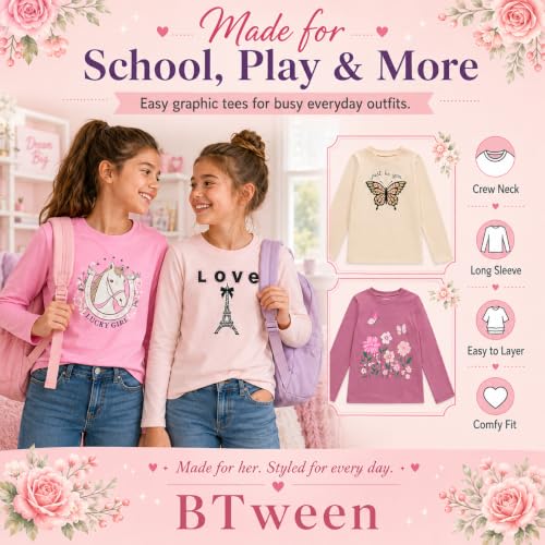 Image of BTween Girls 4 Pack Long Sleeve Graphic T-Shirts Cotton Blend, Fun Vibrant Designs