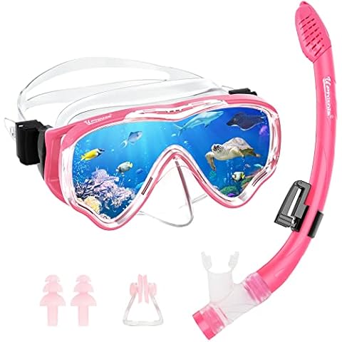 UPhitnis Schnorchelset Kinder - Taucherbrille Anti-Fog und Trocken Schnorchel - Anti-Leck Tauchmaske Dry Schnorchel - Schnorcheln Set für Jungen Mädchen - Rosa, Blau, Schwarz, Gelb Cover