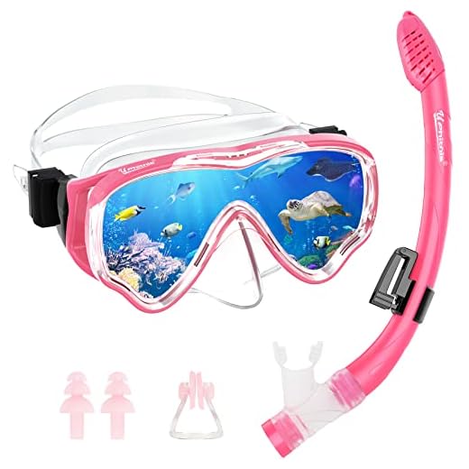 UPhitnis Kids Snorkel Set - Dry Top Snorkel Mask with Big Eyes for Childs, Boys, Girls - Anti-Fog and Anti-Leak Snorkeling Mask and Snorkel for Children Age 4-12