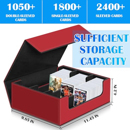 KKU 1800+ Card Storage Box for Trading Cards, PU Leather Card Deck Case, Magnetic Closure Collectible Card Protectors Fit for Magic Game Cards (Red&Black) - Thumbnail 2