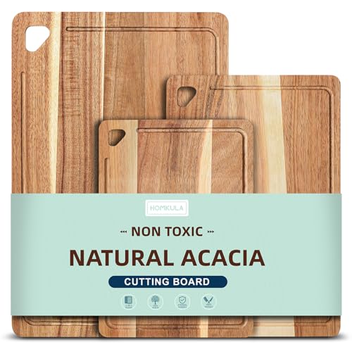 HOMKULA Acacia Wood Chopping Boards for Kitchen Non Toxic Reversible Wooden Cutting Board with Juice Groove Wooden Chopping Board for Meat Vegetables and Fruits Set of 3 (S+M+L)