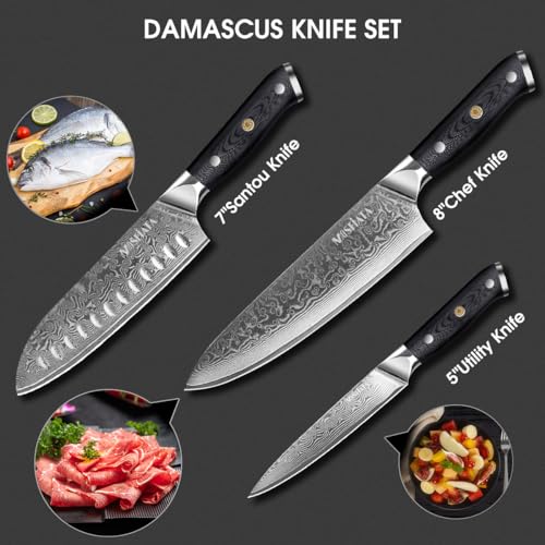 Mosfiata Professional Damascus Chef Knife Set-3Pcs, 8 ‘’Chef Knife 7"Santoku Knife And 5'Utility Knife,Vg-10 High Carbon Stainless Steel With Finger Guard thumb #6