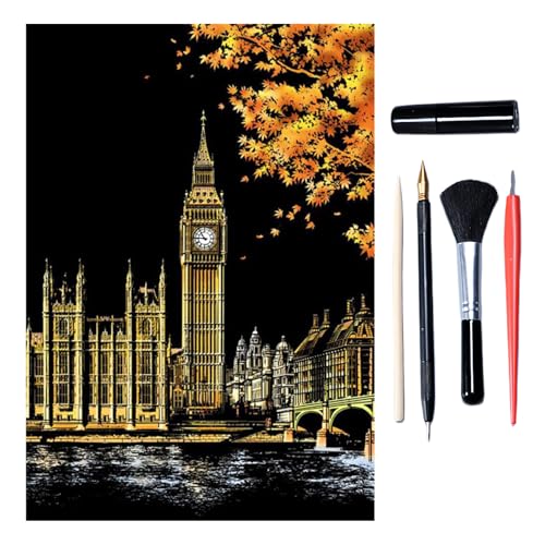 Scratch Art for Adults & Teens 16 x 11.2 Inches, Paint by Scratch Kit Adult Rainbow, Colorful Sketch DIY Night View Scratchboard (Big Ben, London)