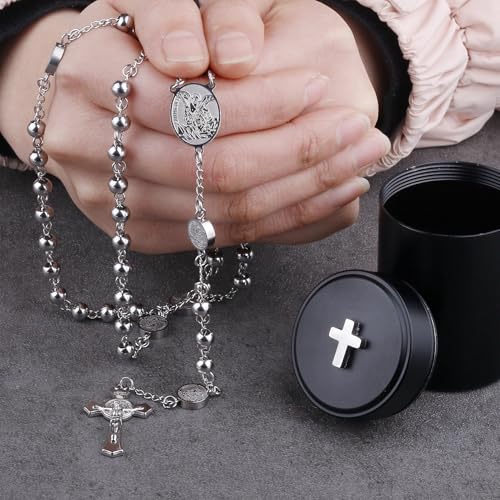 HanlinCC Stainless Steel Catholic Rosary Necklace with Gift Box with Saint Benedict Saint Michael Miraculous medal for Men and Women4
