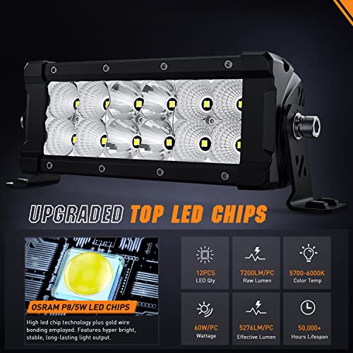Image of Nilight Pro Series 2PCS 7.6 Inch Light Bar 60W 7200LM Ultra Bright | Spot & Flood Combo Beam, Bottom or End Mount, IP68 Waterproof Off-Road Driving Light for Pickup Truck, Jeep, SUV, ATV & UTV