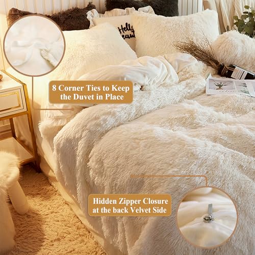 Image of XeGe Plush Shaggy Duvet Cover, Luxury Ultra Soft Crystal Velvet Fuzzy Bedding 1PC(1 Faux Fur Duvet Cover), Fluffy Furry Comforter Cover for Bedroom Home Decoration, Zipper Closure (King, Light Beige)