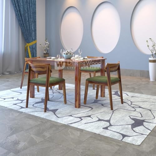 Image of DRIFTINGWOOD Liana Dining Table 4 Seater | Four Seater Dinning Table with 4 Chairs with Green Cushions for Home | Rosewood, Natural Finish, Self Assembly(DIY)