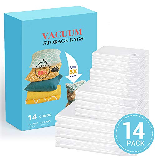 Aship Vacuum Storage Bags-80% Space Saver Multiple Sizes Double-Zip Seal Reusable Compression Storage Bags for Clothes Blankets Duvets Pillows Comforters Travel(14 Pack)