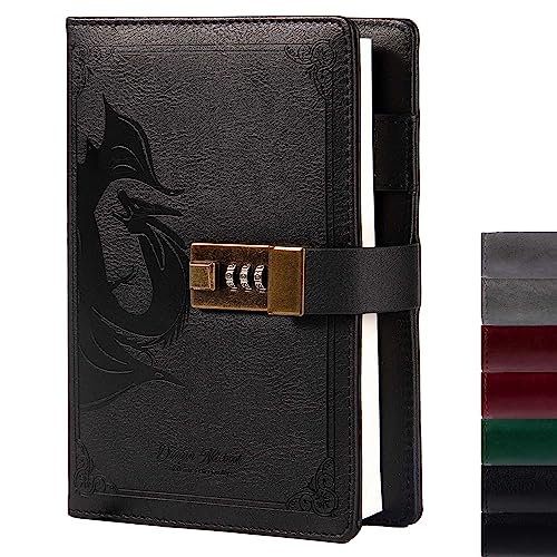 Drake läder journal, inbunden anteckningsbok, låst återfyllningsbar dagbok, fodrad/tomt papper skrivtidskrifter med kombinationslås för män kvinnor barn (drake 1)