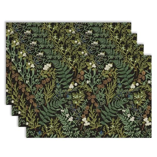 Dark Cottagecore Botanical Green Leaf Placemats, Vintage Tropical Fern Herbs Floral Table Mats Washable Placemat for Home Party Kitchen Dining Room Decoration 12x18 Inch