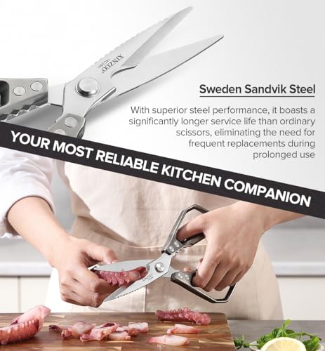 Miniatura 3 de Xinzuo Tijeras De Cocina Acero Inoxidable Sandvik-Mango De Aleación De Aluminio Plateado -Profesionales Afiladas Acero 14c28n Tijeras Multiusos Para Carne,Nueces,Pescado,Verduras-Con Caja De Regalo