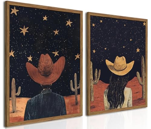 Framed Boho Western Cowboy and Cowgirl Wall Art Set of