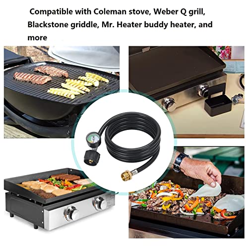 ATKKE Propane Hose Adapter 1lb to 20lb with Gauge, 4FT Propane Tank Grill Adapter Converter for Weber Q Grill, Mr. Heat Propane Heat, Blackstone 17/22‘’ Griddle, Coleman Camping Stove and More - Thumbnail 7
