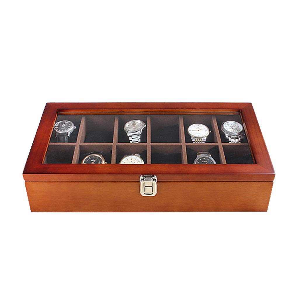MUSUMI Cajas de almacenamiento para relojes, organizador de joyas de lujo, caja de exhibición de relojes de Madera, almacenamiento con 12 almohadas extraíbles para relojes y tapa de vidrio (Marrón)