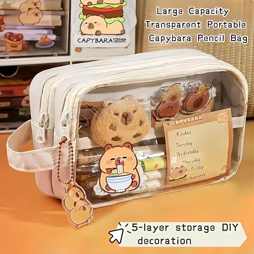 Image of Kawaii Capybara Pencil Case Kit with Plush Toy +Notepad+Pendant+Stickers+Binder clips+Diary Clip+Pens, 5-Layer Large Capacity Capybara Stationery Set Gifts for Office, Makeup. (White)