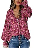 Picture of Biucly Womens Casual Floral Print Boho Clothes Loose Long Sleeve V Neck Button Down Shirts Tunic Spring Tops Blouses for Women Fashion 2025,US 4-6(S),Flower Rose Pink