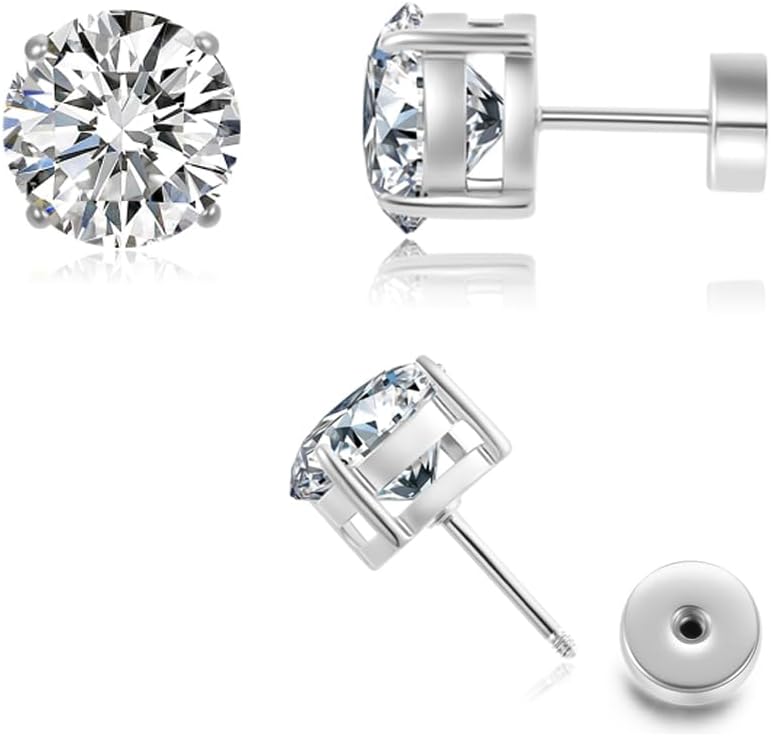 Hypoallergenic Flat Back 5A CZ Stud Earrings, Gold Plated Surgical Steel Secure Screw Back Cartilage Earrings for Women Men with Sensitive Ears | Multiple Piercing, 3-8mm CZ