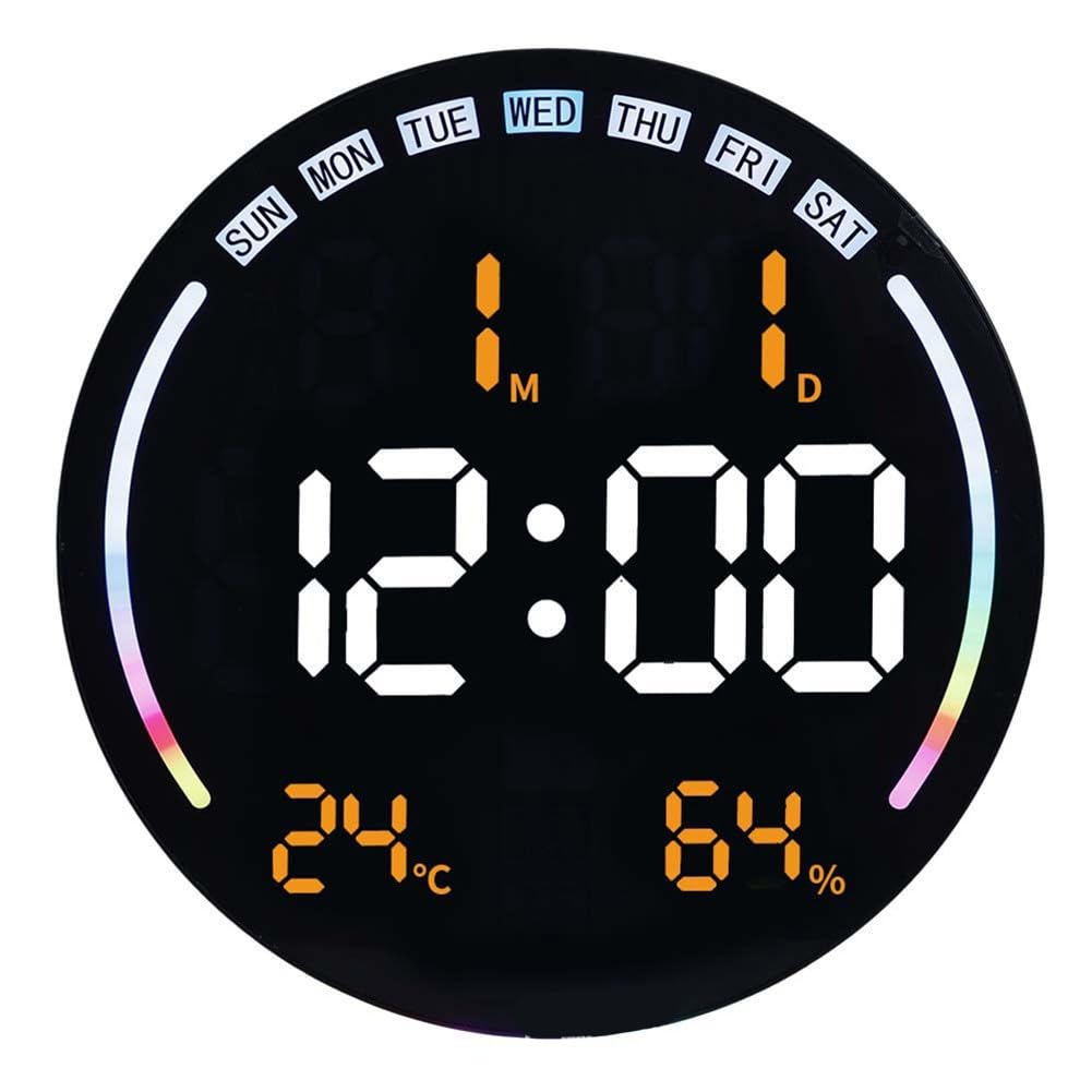 Große LED Wanduhr mit Thermometer Hygrometer, für Auto-Dimmen Helligkeit, Countdown-Timer, Nachtlicht Wohnzimmer