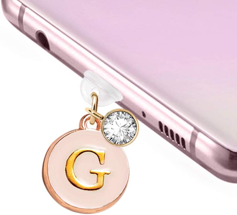 ELISE & FONDA TP7 New Type-C USB Charging Port Anti Dust Plug Cute Round Initial letter G Pendant Cell Phone Charm for Samsung Galaxy/Huawei/OnePlus/Xiaomi/oppo New Android Phones(Blanchedalmond)