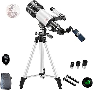 Telescope for Adults Astronomy, 70mm Aperture 300mm Focal Length Astronomy Refractor Telescope for Kids and Beginners, with Tripod, Phone Adapter White, Handbag