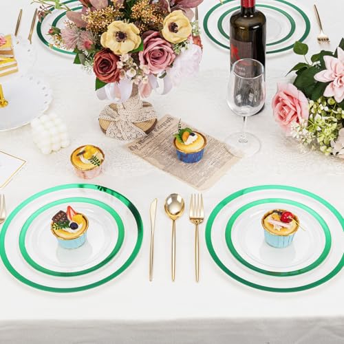 U-QE 200PCS Clear Green Plastic Plates - Green Plates Disposable Heavy Duty- Include 100 10” Dinner and 100 7” Dessert Platos, Perfect for Party, Wedding