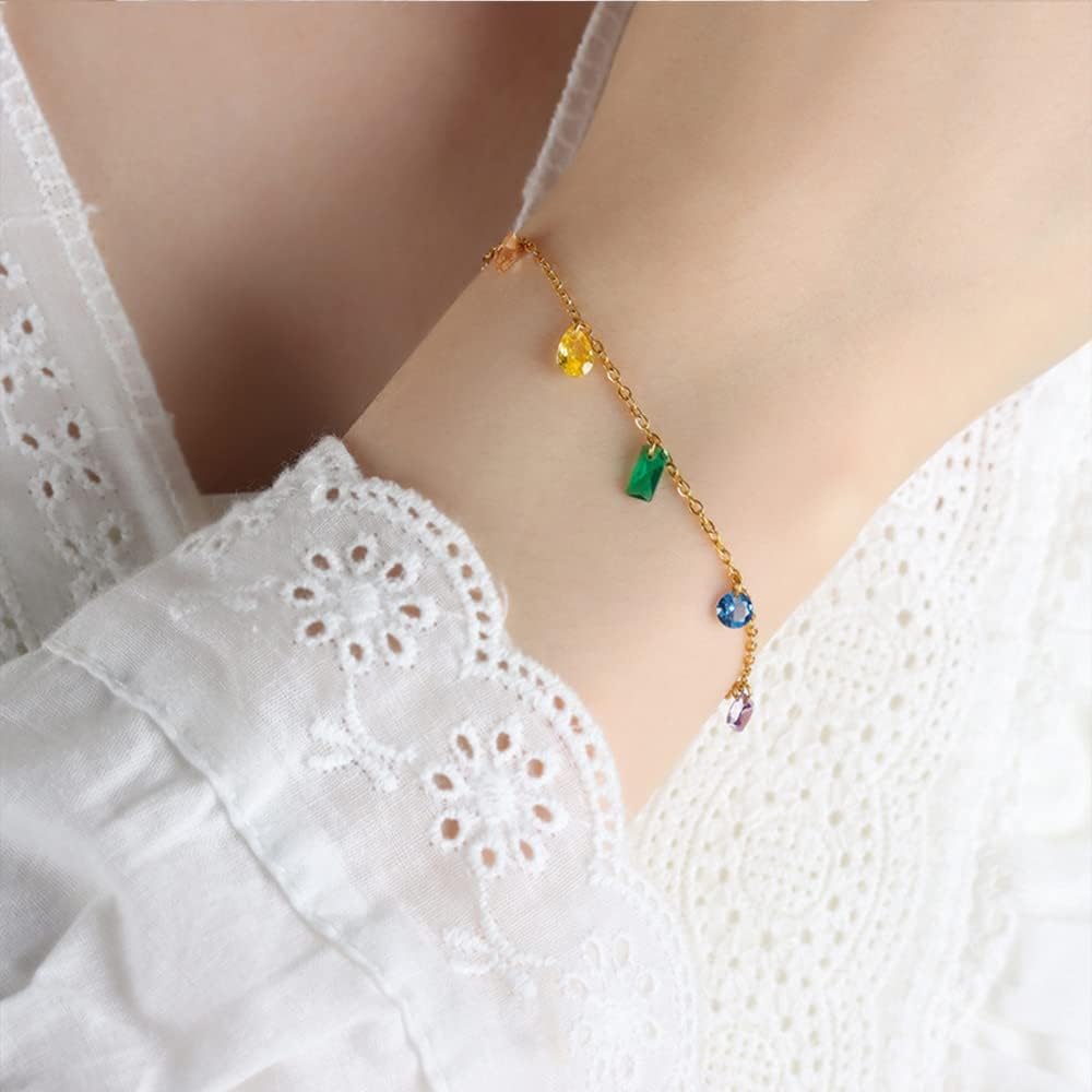 Colorful Crystal Bracelet for Women Titanium Steel Rainbow Diamond CZ Dangle Charm Link Bracelet Chian 18K Gold Plated Adjustable Bracelet Dainty Jewelry Gifts - Image 2