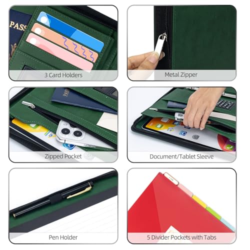 Image of Ospelelf Green Clipboard with Storage 3 Binder Leather Portfolio Folder with Zipper, 12.1 inch Tablet Sleeve, 5 Dividers with Pocket, Refillable Notepad, Card Slot