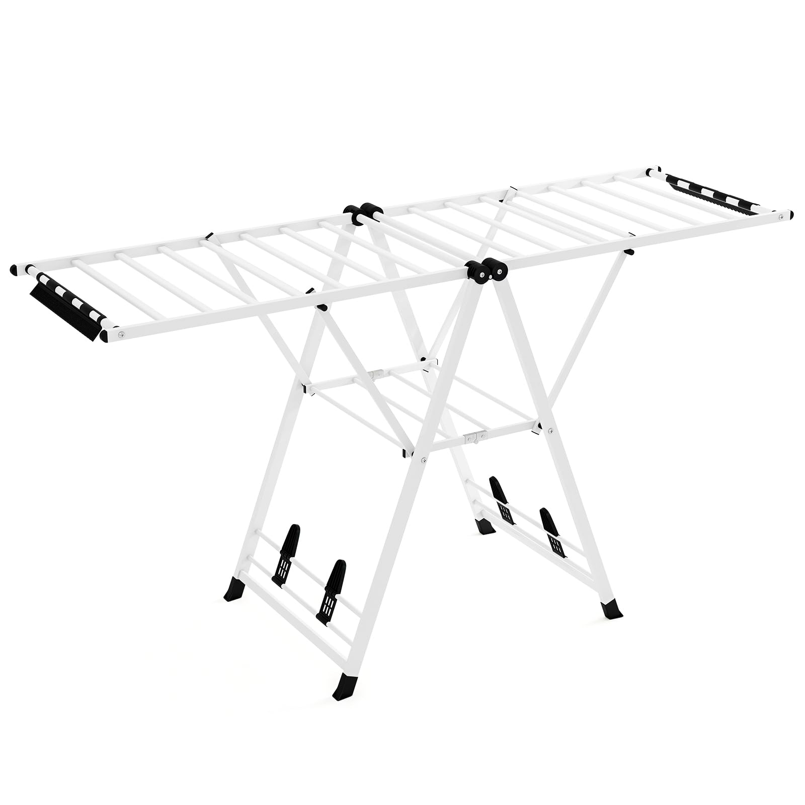 COSTWAY Foldable Clothes Drying Rack, 2-Level Clothes Airer Dryer Horse with Height-Adjustable Wings, Sock Clips and Shoe Racks, Indoor Outdoor Freestanding Metal Laundry Rack (White, 184x56x99-168cm)