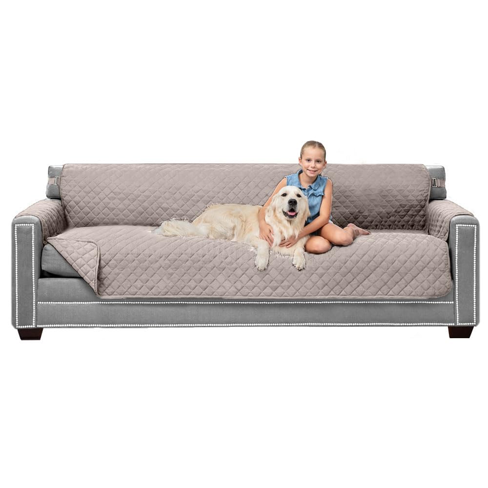 Sofa Shield Patented Couch Slip Cover, Large Cushion Protector, Reversible Stain and Dog Tear Resistant Slipcover, Quilted Microfiber 88” Seat, Washable Covers for Dogs Pets Kids, Light Taupe