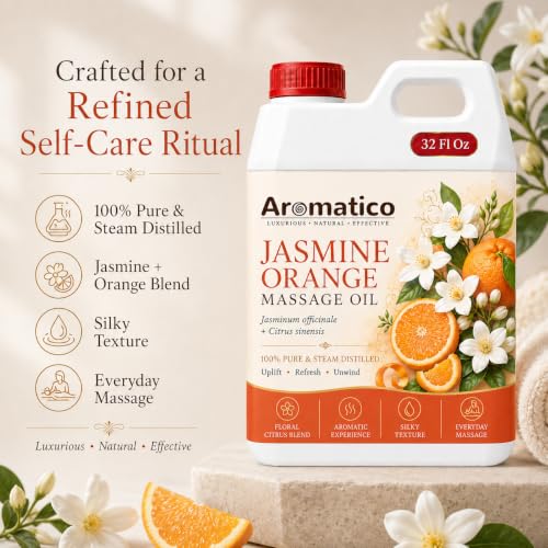 Image of AROMATICO Jasmine Orange Massage Oil for Skin & Body | Lightweight Professional Grade Refill Pack - 1000ml (1L Bulk)