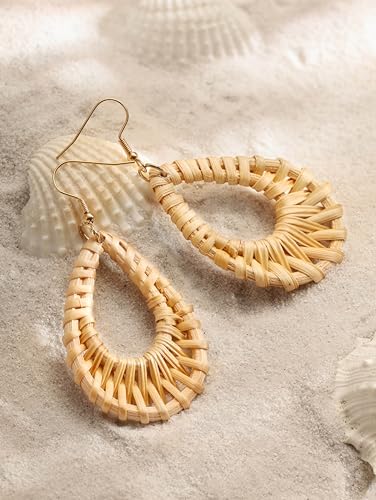 MINACHI Boho Chic Handmade Rattan Wood Dangle Drop Earrings for Women, Bohemian Summer Beach Statement Jewelry Gift for Women3