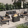 Aoxun Patio Furniture Set, Aluminum Patio Set with Fire Pit Table and 5" Thicken & Washable Cushion, Waterproof Outdoor Furniture, Outdoor Couch Sectional for Backyard (5 Seats/F, Dark Grey)