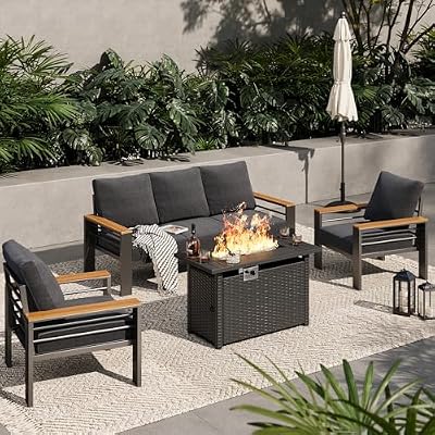 Aoxun Patio Furniture Set, Aluminum Patio Set with Fire Pit Table and 5" Thicken & Washable Cushion, Waterproof Outdoor Furniture, Outdoor Couch Sectional for Backyard (5 Seats/F, Dark Grey)