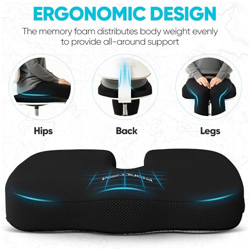 Image of FORTEM XL Chair Cushion, Seat Cushion for Office Chair, Car Seat Cushion, Coccyx Orthopedic Pillow, Desk Chair Memory Foam Sitting Pillow, Washable Cover (Mesh, Black)
