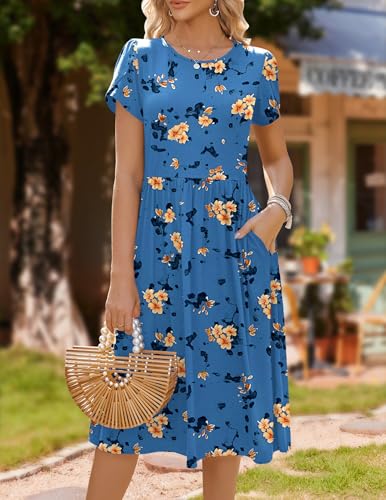Image of HOTOUCH Women's Summer A-Line Midi Dresses 2026 Casual Floral Short Sleeve T-Shirt Dress Flowy Beach Sundress with Pockets
