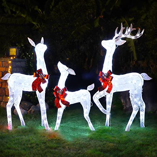 Lulu Home Christmas Yard Decoration, Set Of 3 Pre-Lit White Reindeer With 265 Leds White Lights, 3D Light Up Glittered Standing Reindeer Family For Xmas Lighted Holiday Display Indoor Outdoor #TOP3